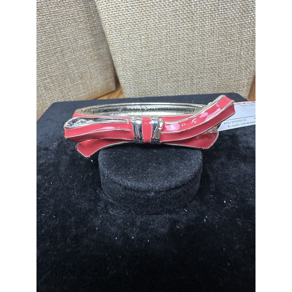 Sequin Nordstrom Pink Bow Silver Tone Statement Enamel Bangle Bracelet #154